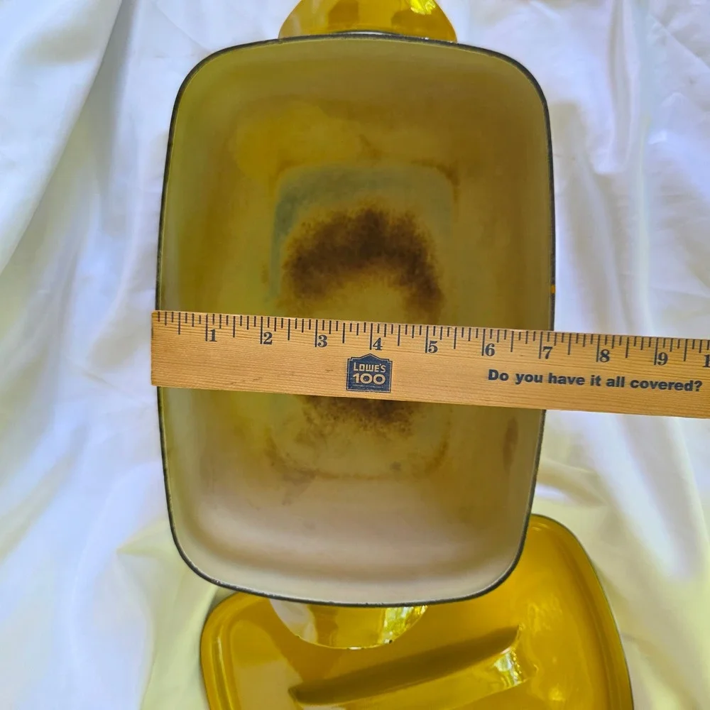 Vintage Mustard Yellow Enameled Cast Iron Rectangular Dutch Oven Roaster Lid - Picture 7 of 15